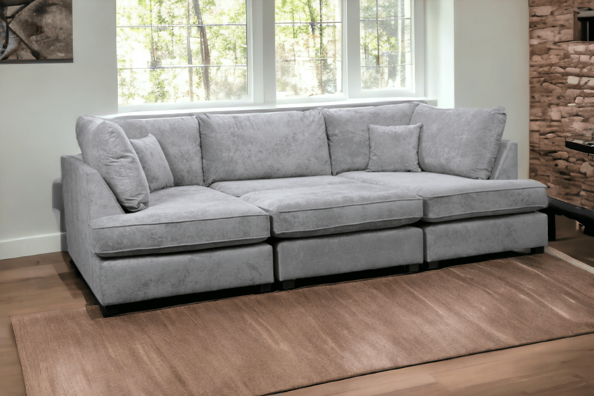 Emilia Grey Fabric U Shape High Back Corner Sofa + Footstool