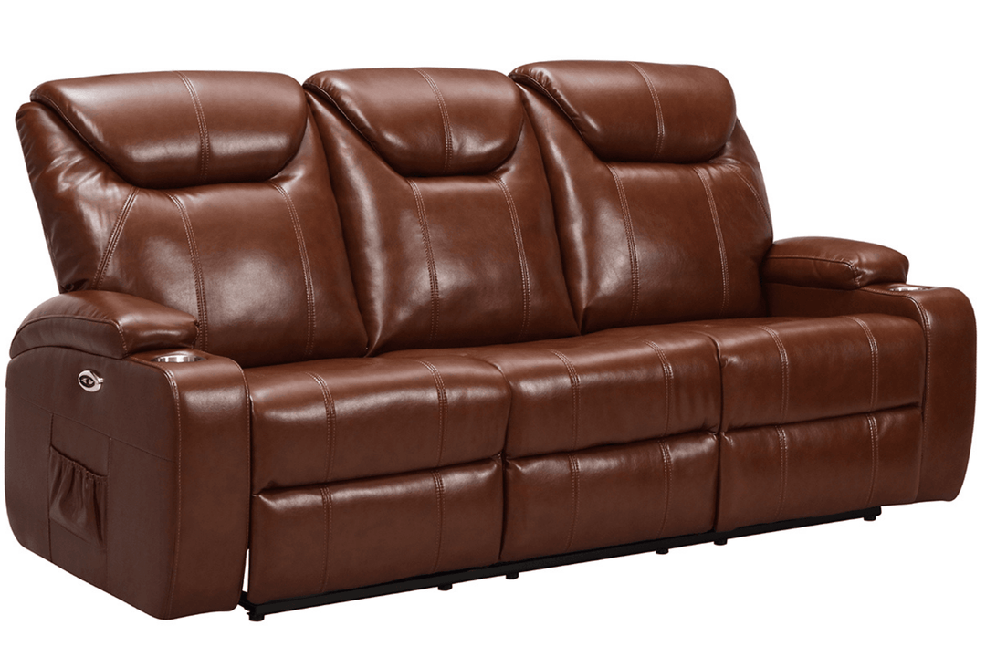 Capri Tan Electric Leather 3 Seater Recliner Sofa With Two Cup Holders