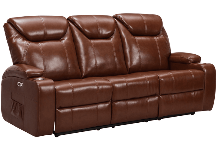 Capri Tan Electric Leather 3 Seater Recliner Sofa With Two Cup Holders