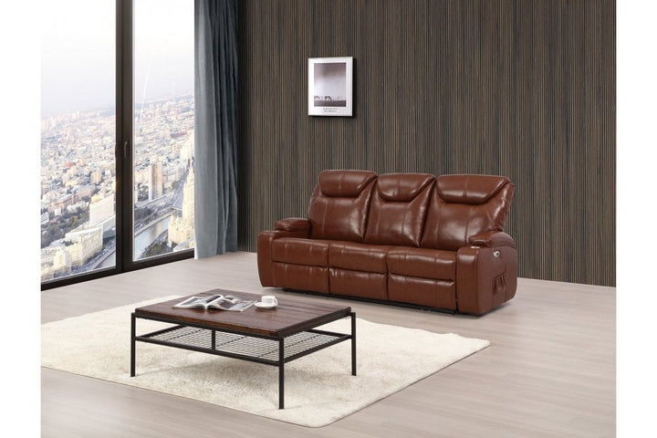 Capri Tan Electric Leather 3 Seater Recliner Sofa With Two Cup Holders