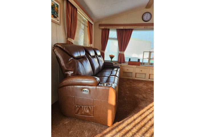 Capri Tan Electric Leather 3 Seater Recliner Sofa With Two Cup Holders