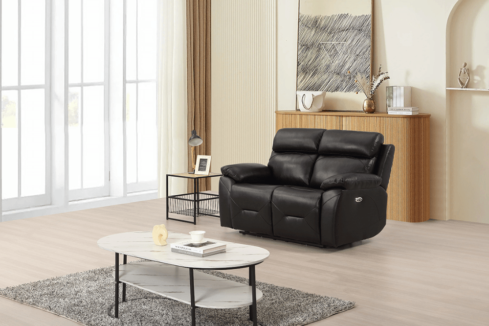Vancouver  Genuine Leather Black Electric Power Recliner 2 Seater