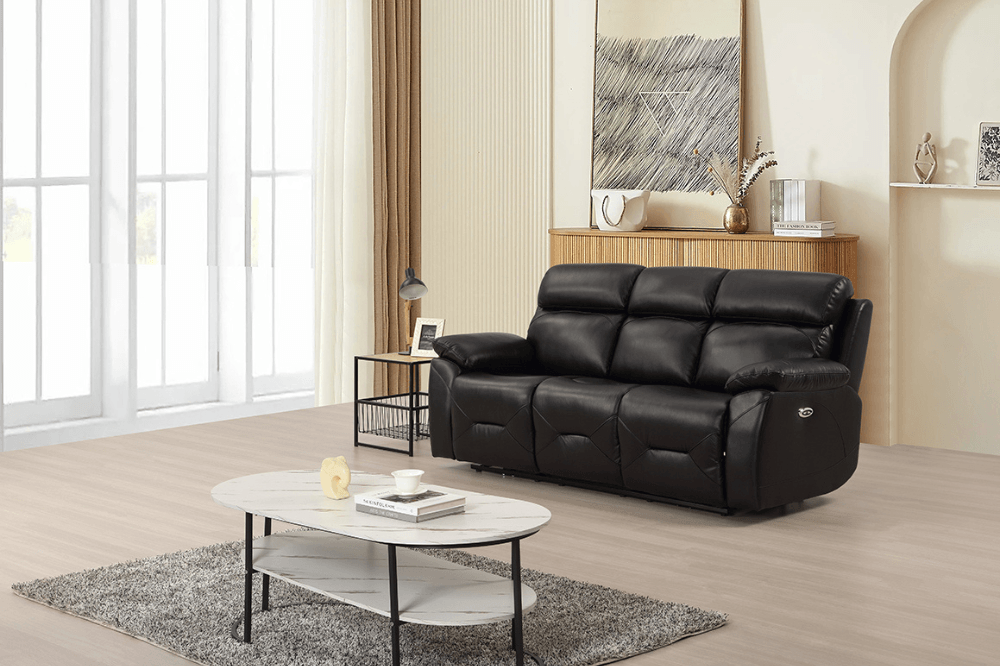 Vancouver  Genuine Leather Black Electric Power Recliner 3 Seater