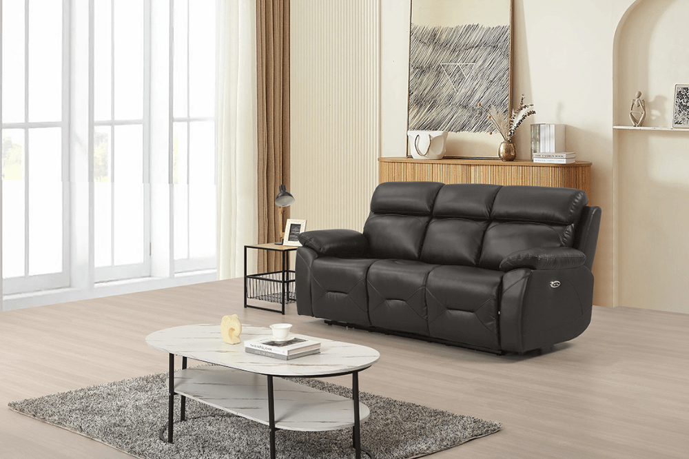 Vancouver Genuine Leather  Grey Electric Power Recliner 3 Seater