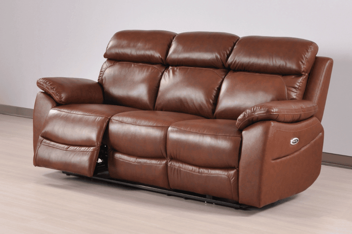 Sorrento Genuine Leather Tan Electric Power Recliner 3 Seater Sofa