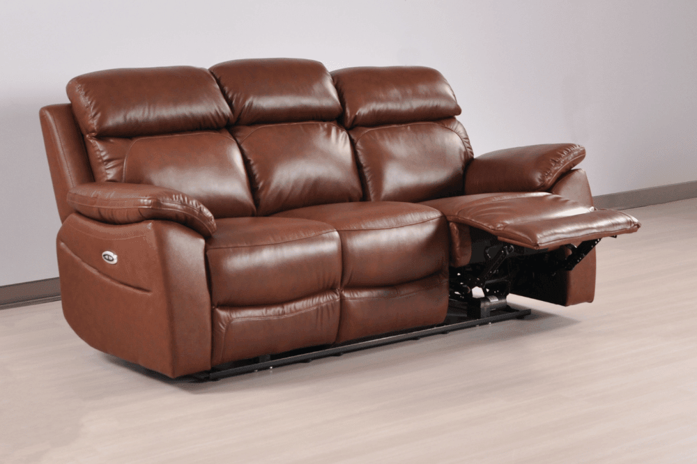 Sorrento Genuine Leather Tan Electric Power Recliner 3 Seater Sofa
