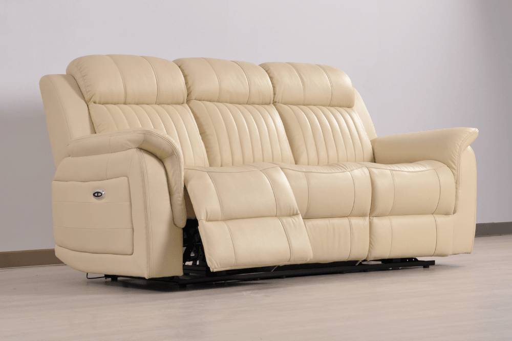 Kaden Genuine Leather Cream Electric Power Recliner 3 Seater Sofa