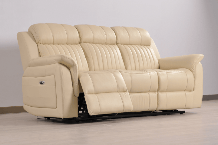 Kaden Genuine Leather Cream Electric Power Recliner 3 Seater Sofa