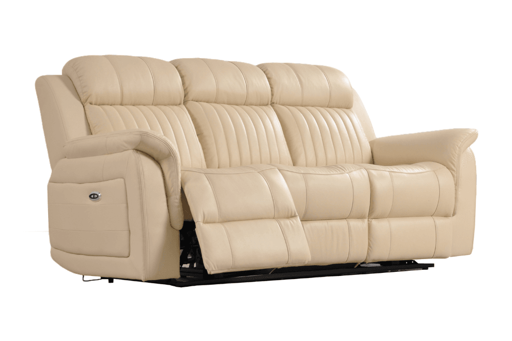 Kaden Genuine Leather Cream Electric Power Recliner 3 Seater Sofa