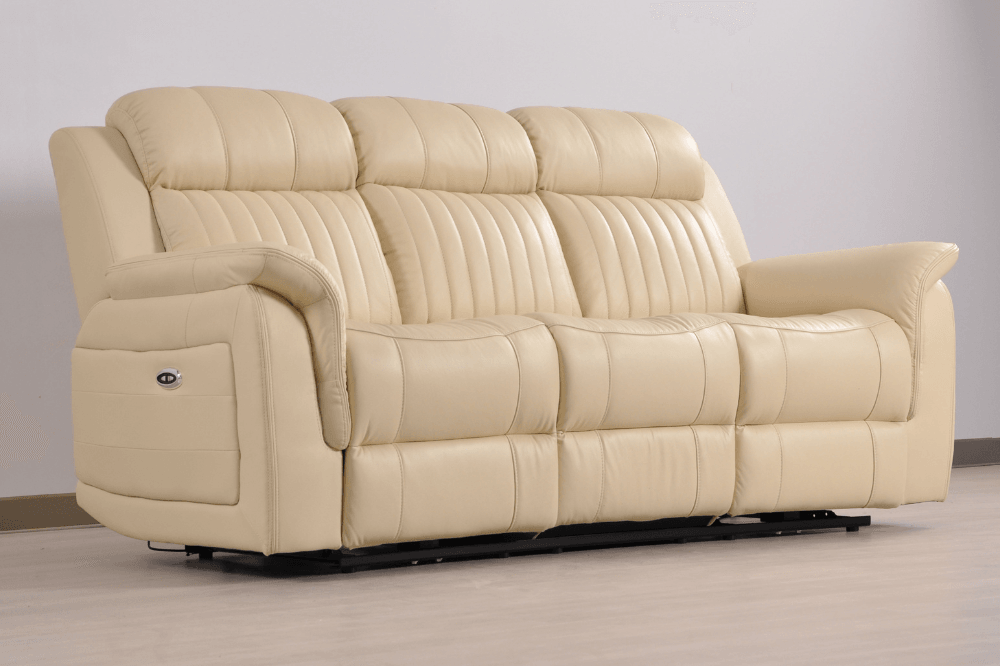 Kaden Genuine Leather Cream Electric Power Recliner 3 Seater Sofa