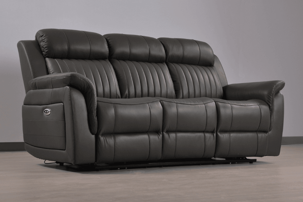 Kaden Genuine Leather Grey Electric Power Recliner 3 Seater Sofa