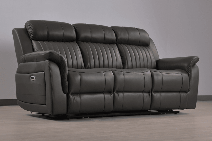 Kaden Genuine Leather Grey Electric Power Recliner 3 Seater Sofa