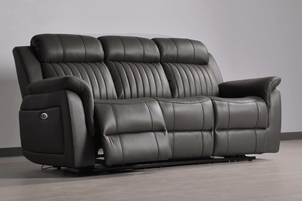 Kaden Genuine Leather Grey Electric Power Recliner 3 Seater Sofa