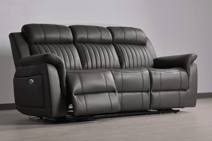Kaden Genuine Leather Grey Electric Power Recliner 3 Seater Sofa