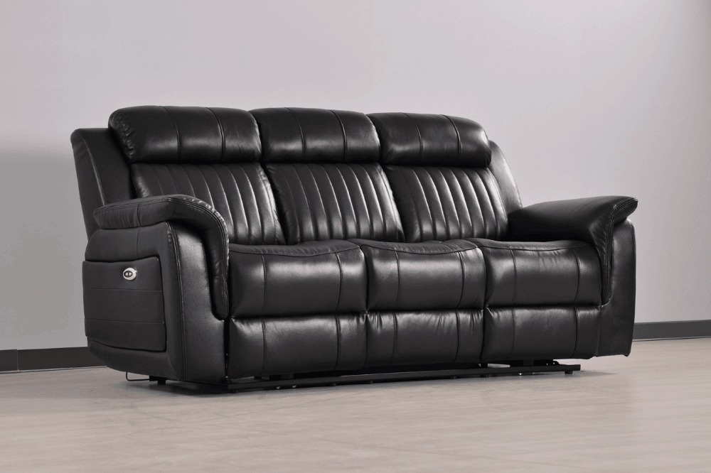 Kaden Genuine Leather Black Electric Power Recliner 3 Seater Sofa