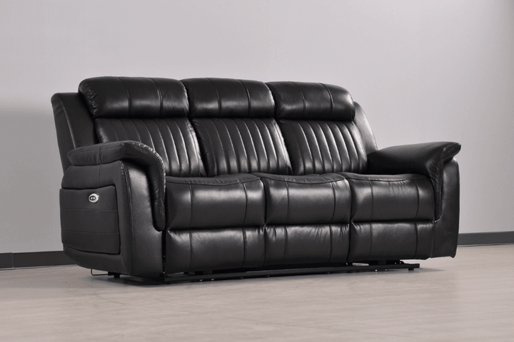 Kaden Genuine Leather Black Electric Power Recliner 3 Seater Sofa