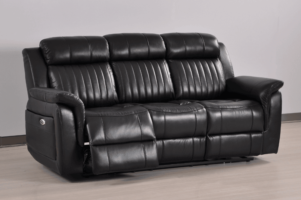 Kaden Genuine Leather Black Electric Power Recliner 3 Seater Sofa