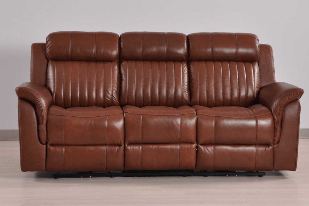Kaden Genuine Leather Tan Electric Power Recliner 3 Seater Sofa