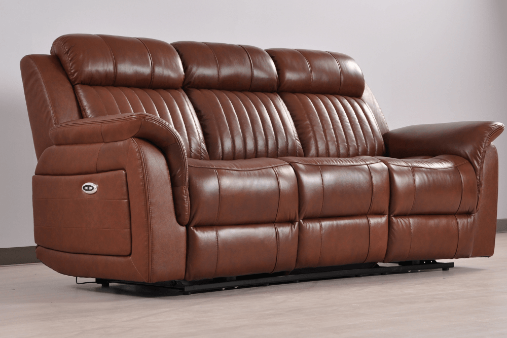 Kaden Genuine Leather Tan Electric Power Recliner 3 Seater Sofa