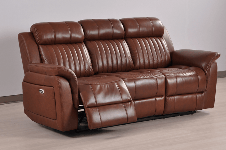 Kaden Genuine Leather Tan Electric Power Recliner 3 Seater Sofa