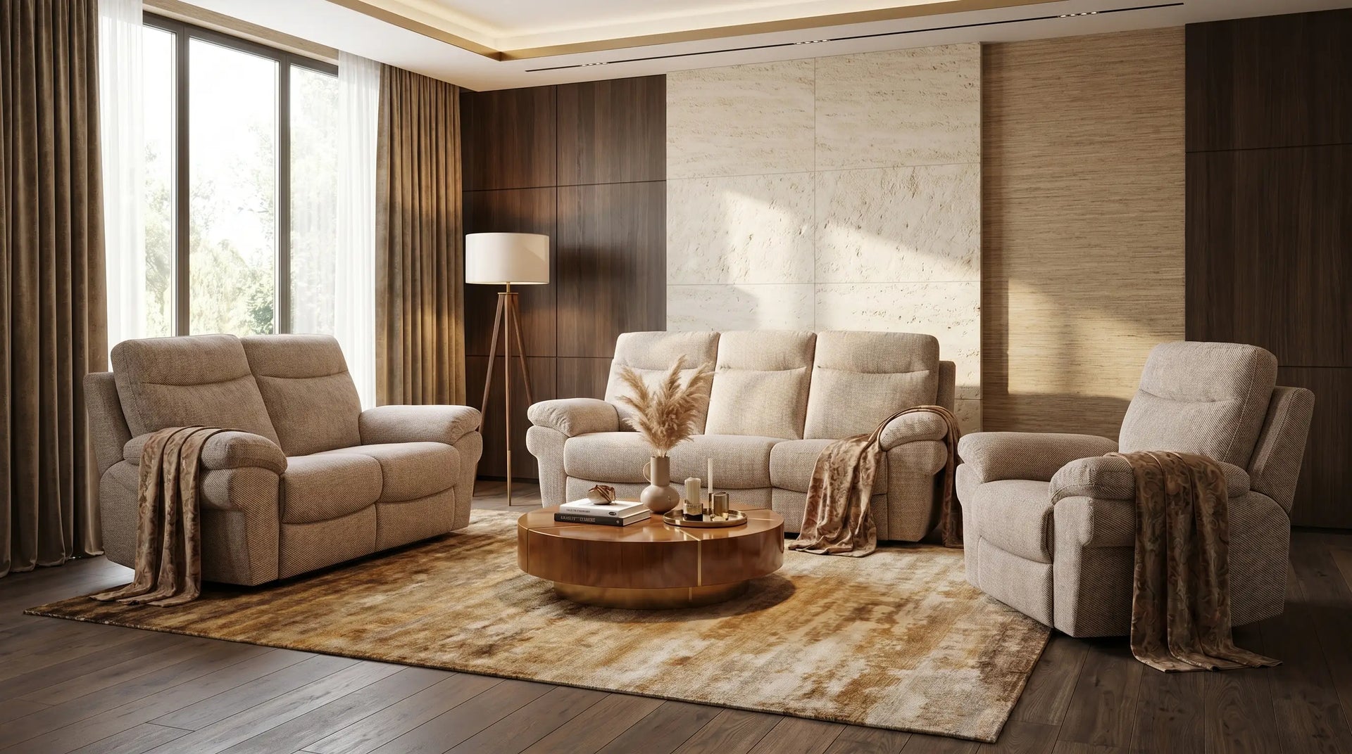 Living room with beige sofa, armchair, and coffee table in a well-lit room.
