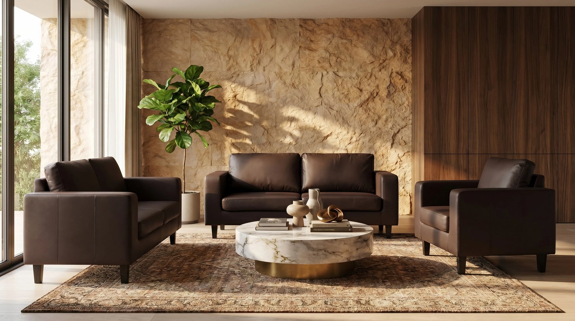 Modern living room with brown leather sofa, armchairs, and a marble coffee table.