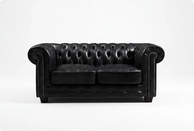 Chesterfield Black Leather Antique 2 Seater Sofa
