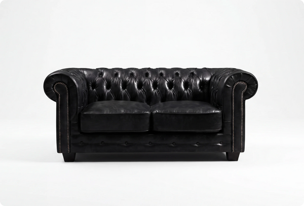 Chesterfield Black Leather Antique 2 Seater Sofa