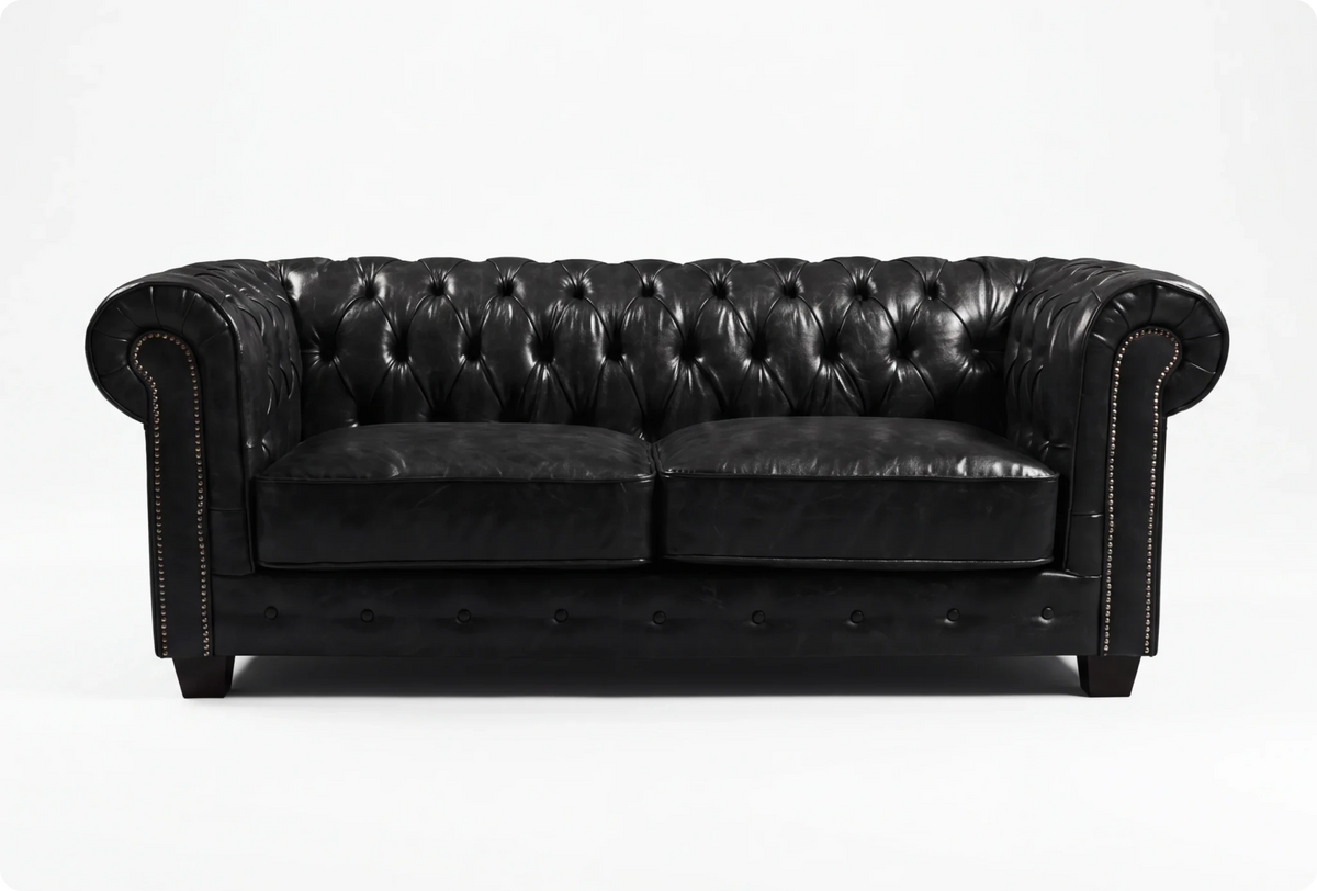 Chesterfield Black Leather Antique 3 Seater Sofa