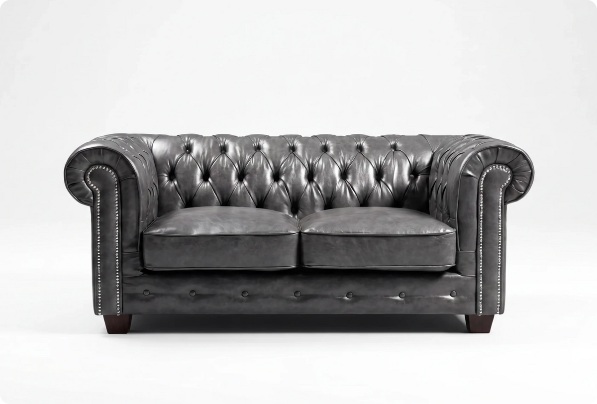 Chesterfield Grey Leather Antique 2 Seater Sofa