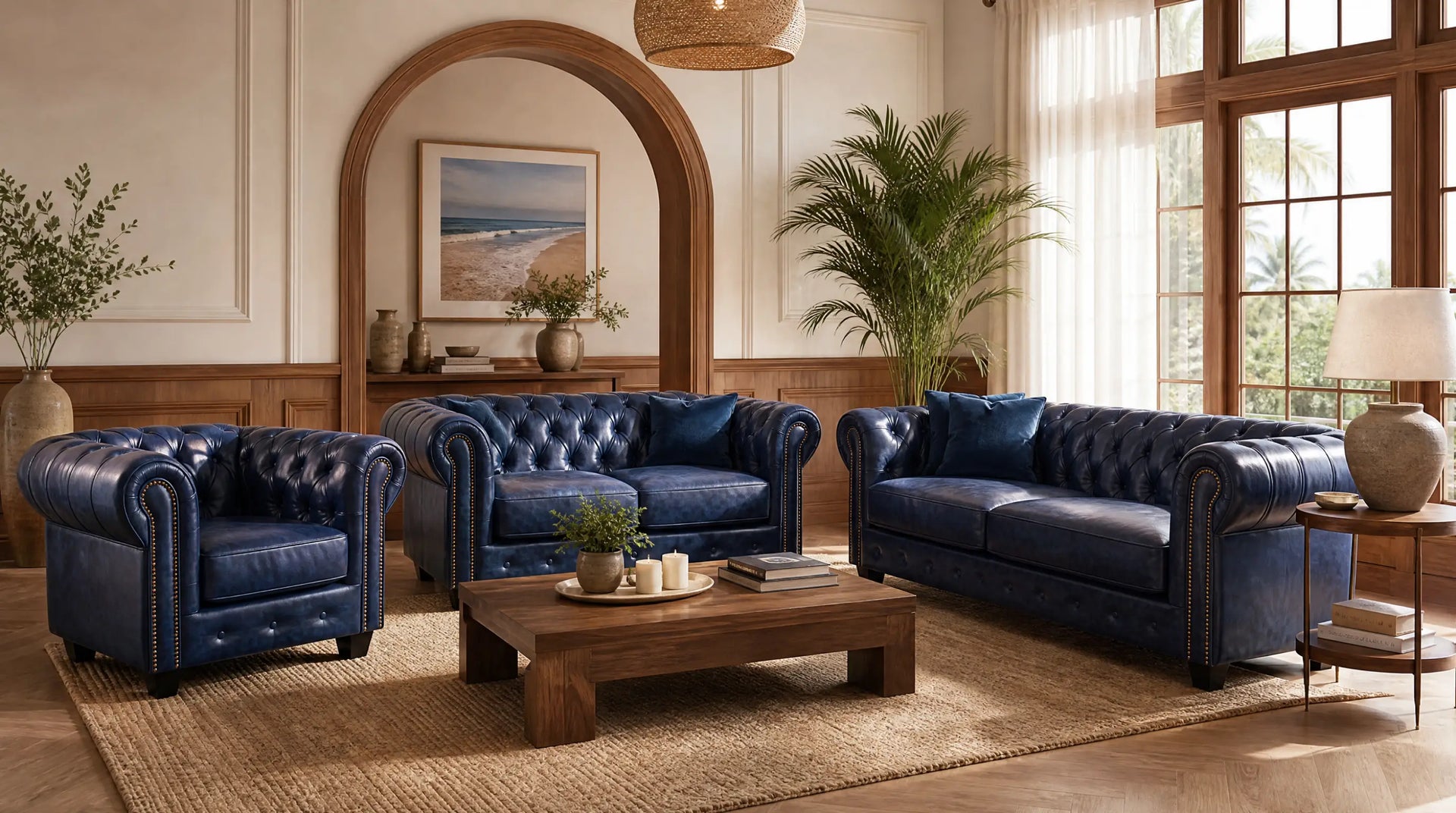 Chesterfield Blue Leather Antique 2 Seater Sofa