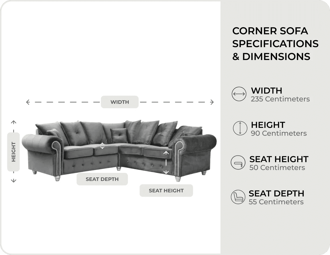 Haven Grey Velvet Corner Sofa measurements