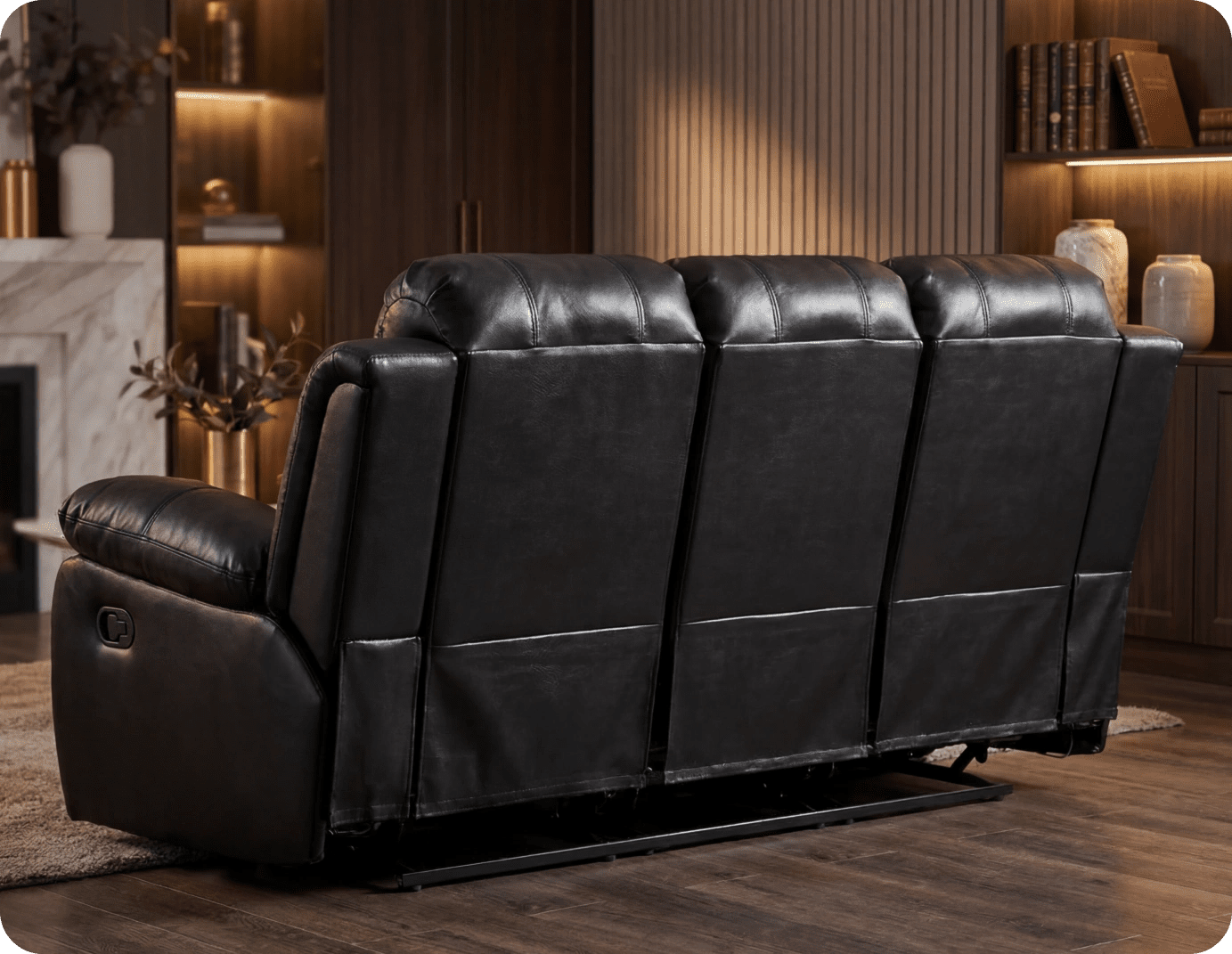 York Black Leather 3 Seater Manual Recliner Sofa
