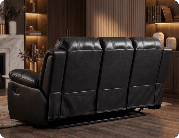 York Black Leather 3 Seater Manual Recliner Sofa
