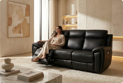 Leo Genuine Leather Black Electric Power Recliner 3 Seater Sofa