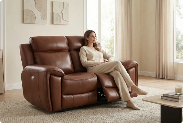 Leo Genuine Leather Tan Electric Power Recliner 2 Seater