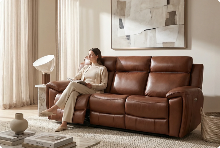 Leo Genuine Leather Tan Electric Power Recliner 3 Seater