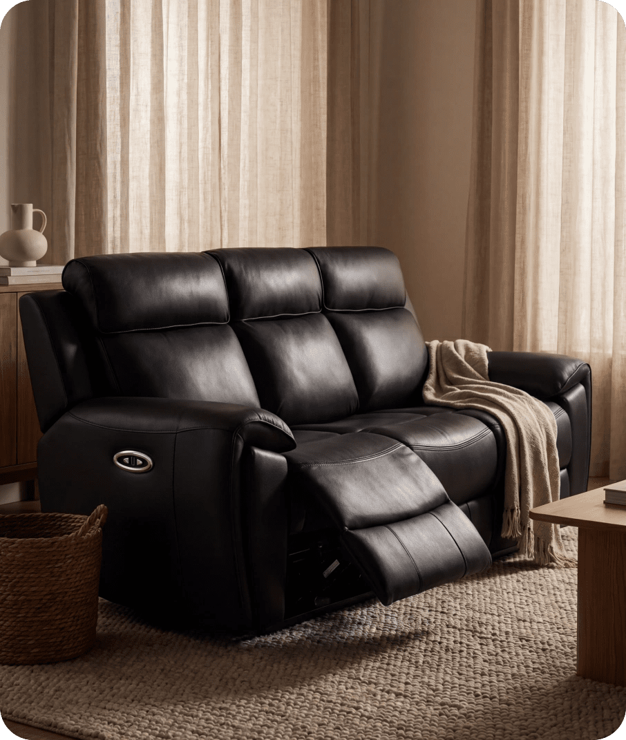 Leo Genuine Leather Black Electric Power Recliner 3 Seater Sofa