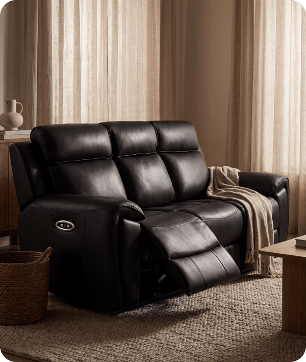 Leo Genuine Leather Black Electric Power Recliner 3 Seater Sofa