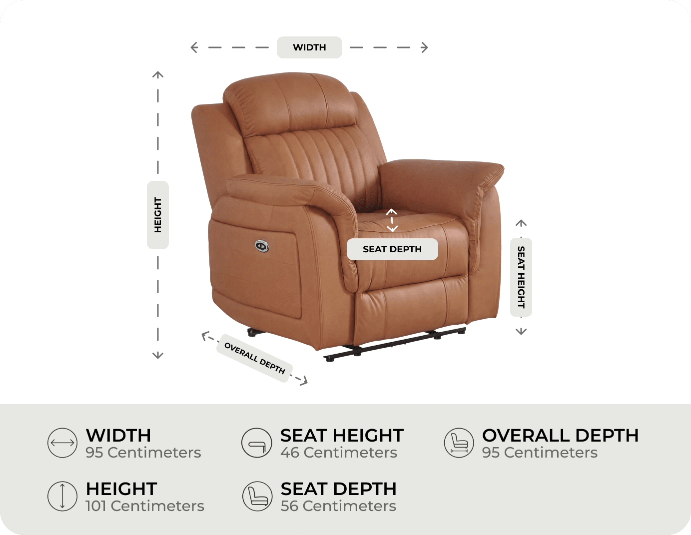Martini Genuine Leather Caramel Electric Power Recliner Armchair measurement 