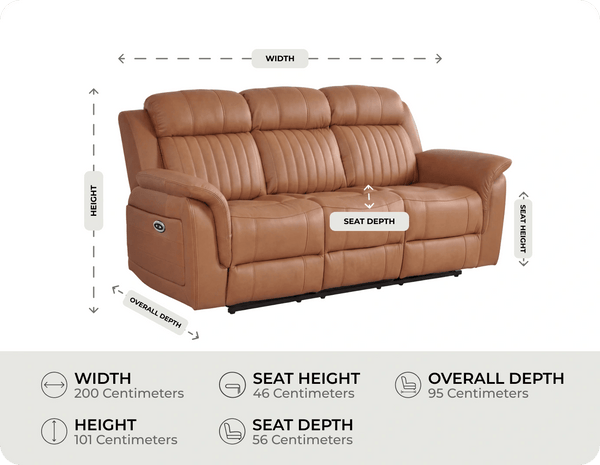 Martini Genuine Leather Caramel Electric Power Recliner 3 Seater measurement 