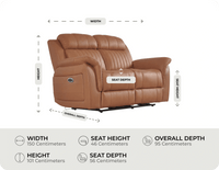 Martini Genuine Leather Caramel Electric Power Recliner 2 Seater Sofa measurement