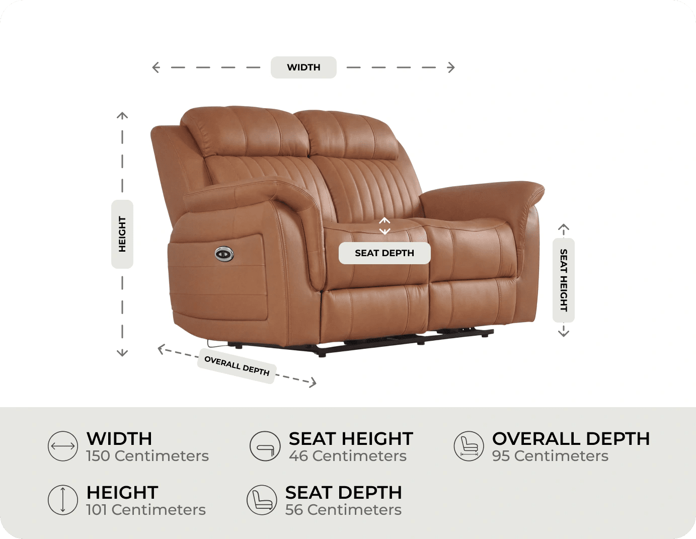 Martini Genuine Leather Caramel Electric Power Recliner 2 Seater Sofa measurement