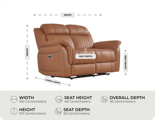 Martini Genuine Leather Caramel Electric Power Recliner 2 Seater Sofa measurement