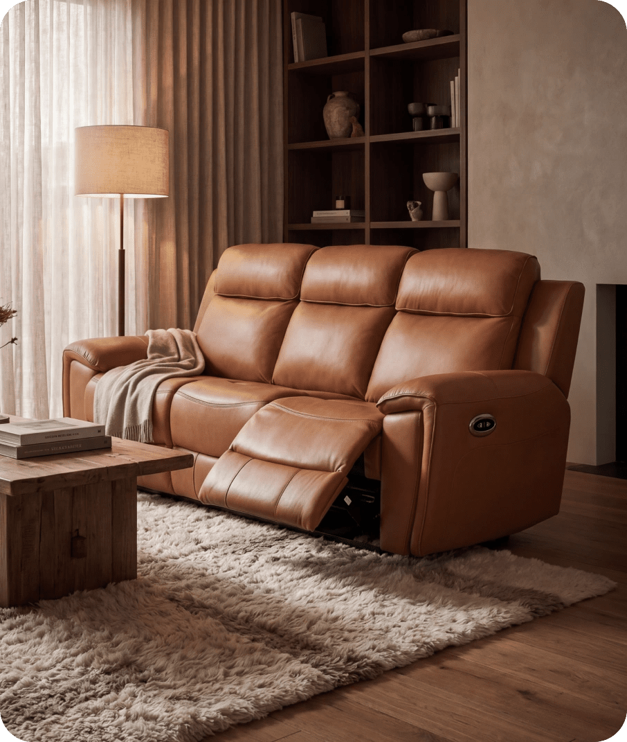 Leo Genuine Leather Caramel Electric Power Recliner 3 Seater Sofa