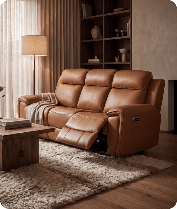 Leo Genuine Leather Caramel Electric Power Recliner 3 Seater Sofa