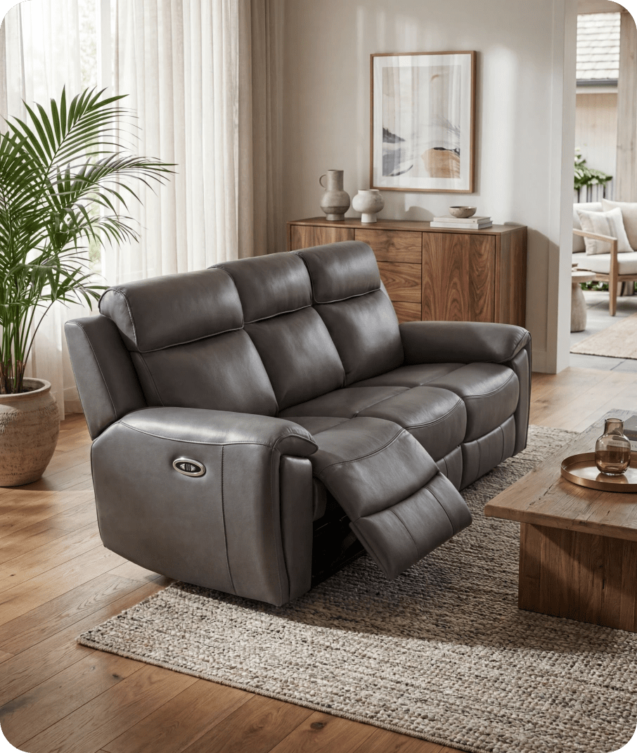 Leo Genuine Leather Grey Electric Power Recliner 3 Seater Sofa