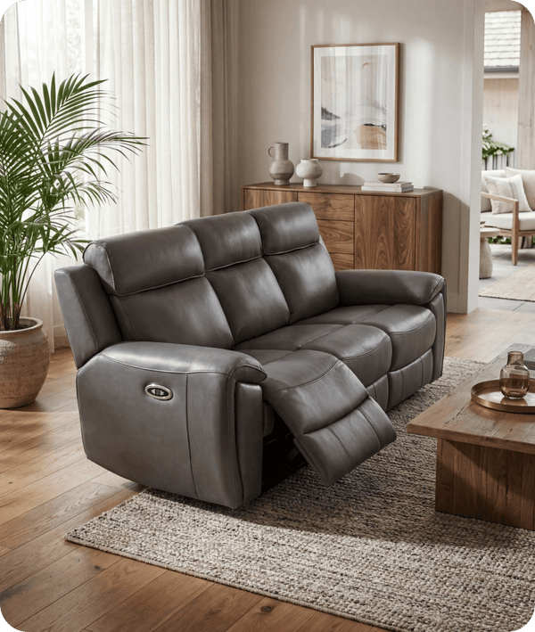 Leo Genuine Leather Grey Electric Power Recliner 3 Seater Sofa