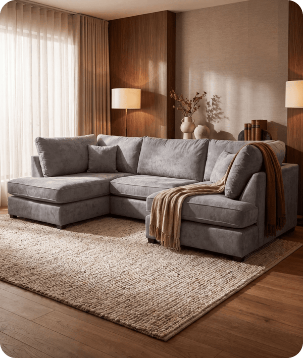 Mayfair Grey Fabric U Shape High Back Corner Sofa + Footstool