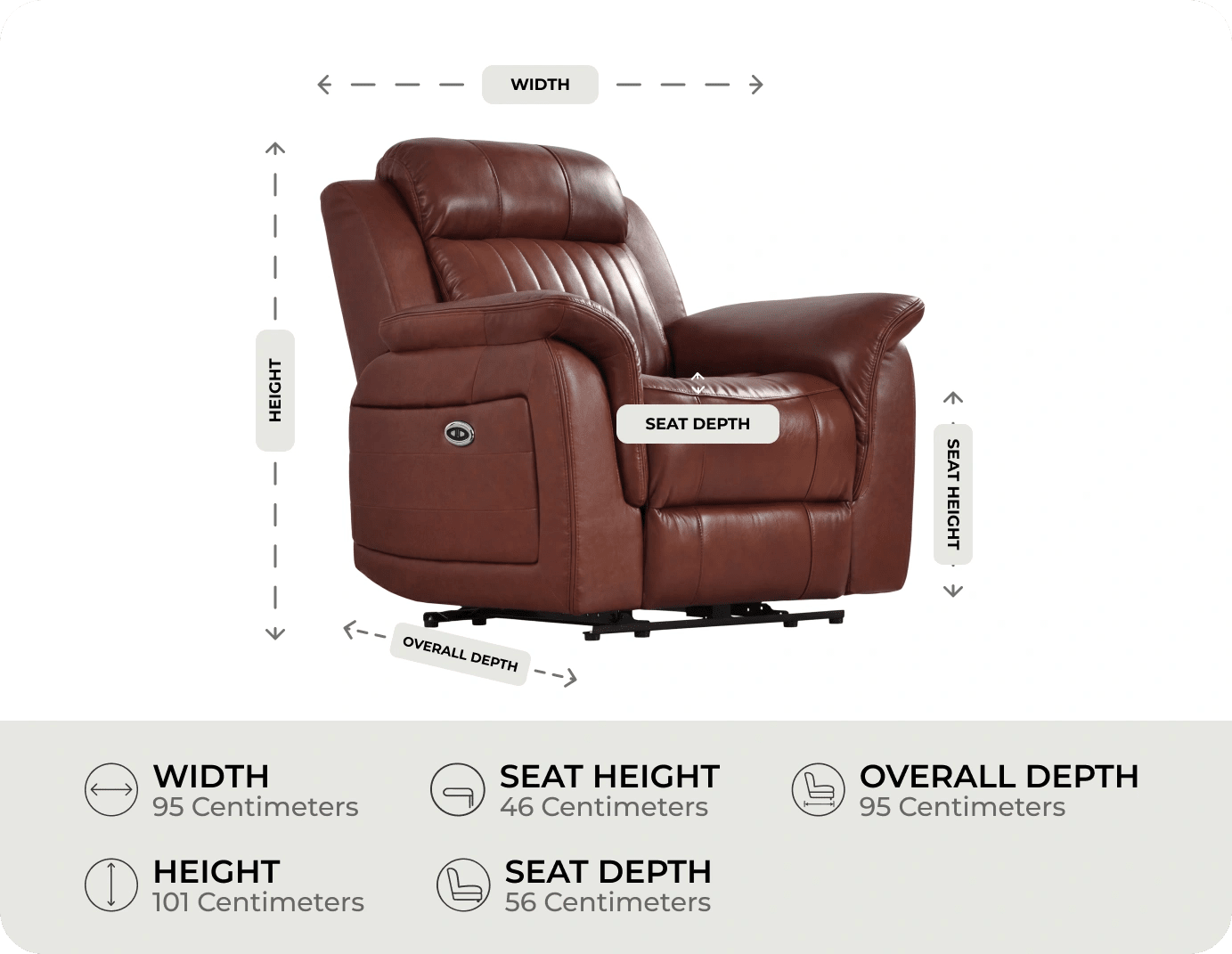 Martini Tan Leather Electric Recliner Armchair measurement